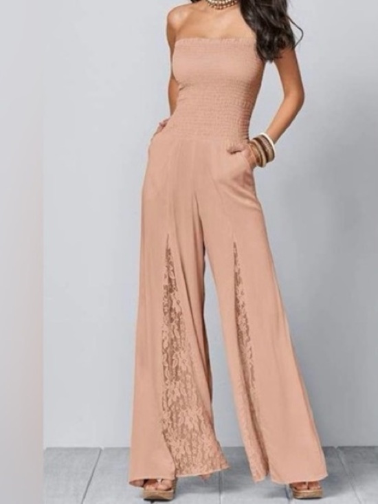 VENUS Pants - Venus Strapless Smocked Gauze Wide Leg Jumpsuit Sz M